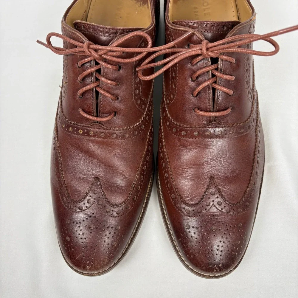 Cole Haan Wingtip Oxford 9.5M Brown Leather Brogue Grand.OS Dress Shoes Business - Picture 5 of 10